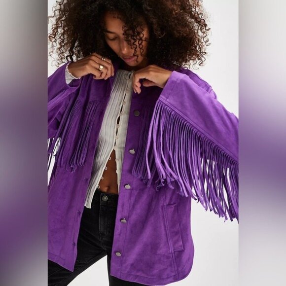 Free People Fringe Vegan Leather Jacket Western Boho Gypsy Oversized Cowgirl - Picture 2 of 11